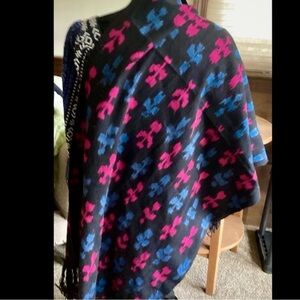 62” X 25” Hand Woven Black Bright Floral Fringed Shawl Pareo Wrap Ruana Tulips